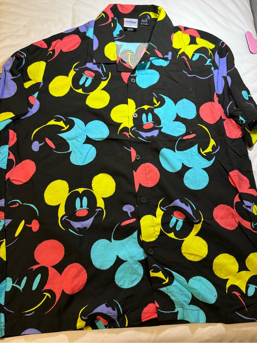 Disney Black Short-Sleeve Button-Up Shirt with Multicolor Mickey Heads